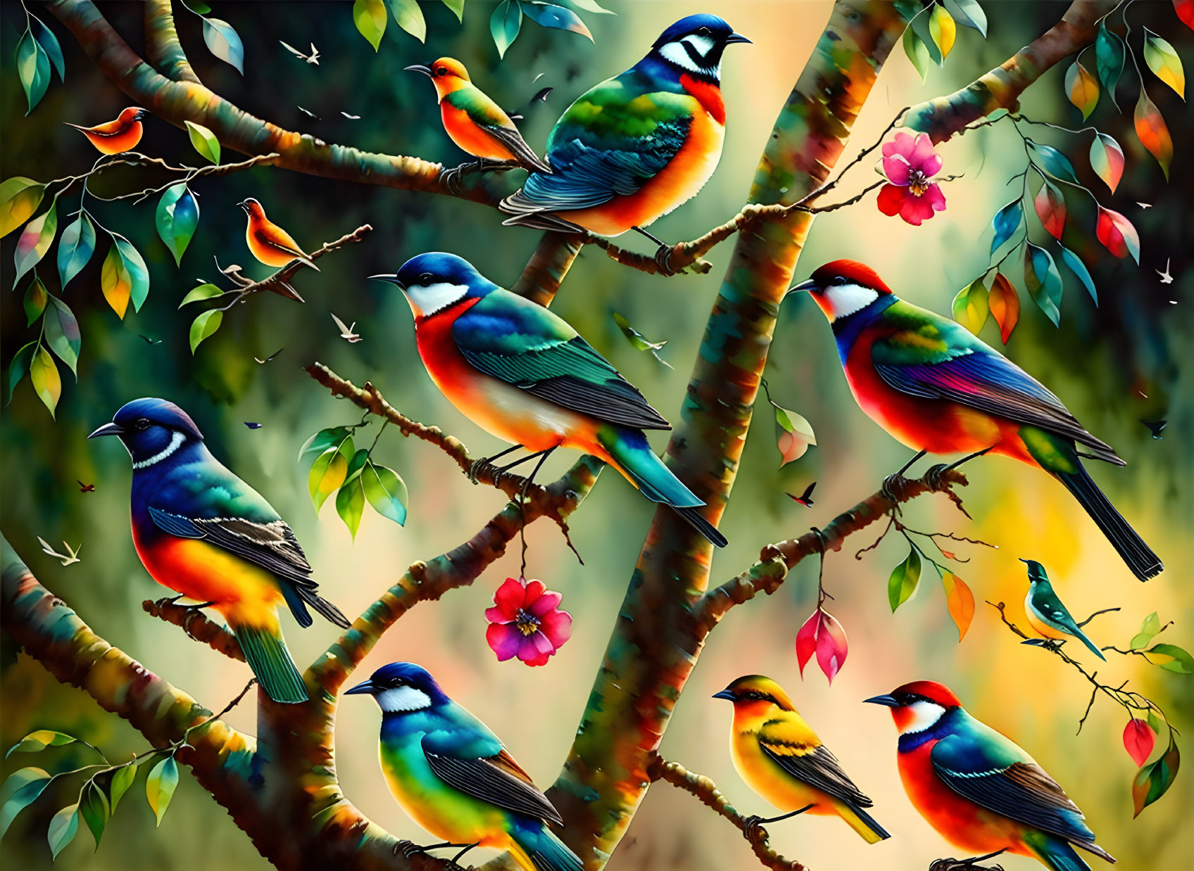 Colorful Birds Perched on Tree Branches with Green Leaves and Flowers