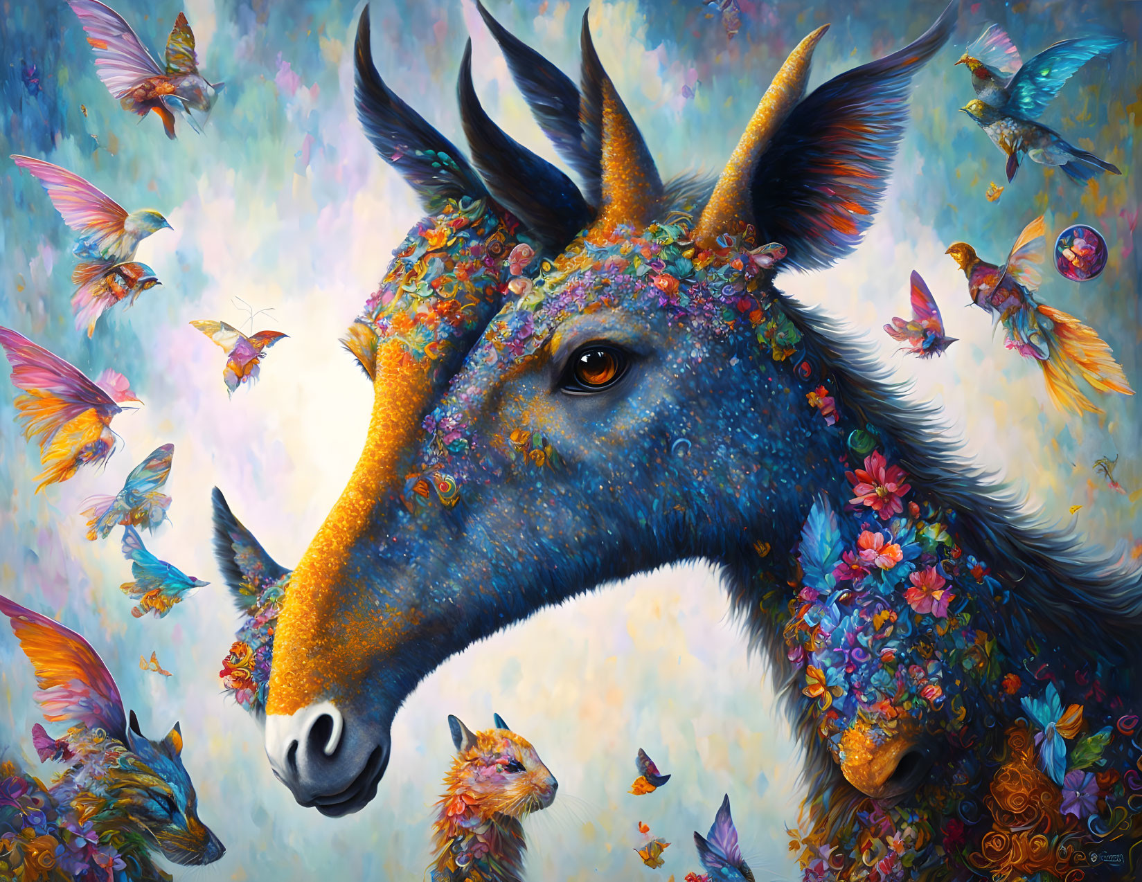 Colorful Unicorn Head Painting with Floral Mane and Birds in Whimsical Setting