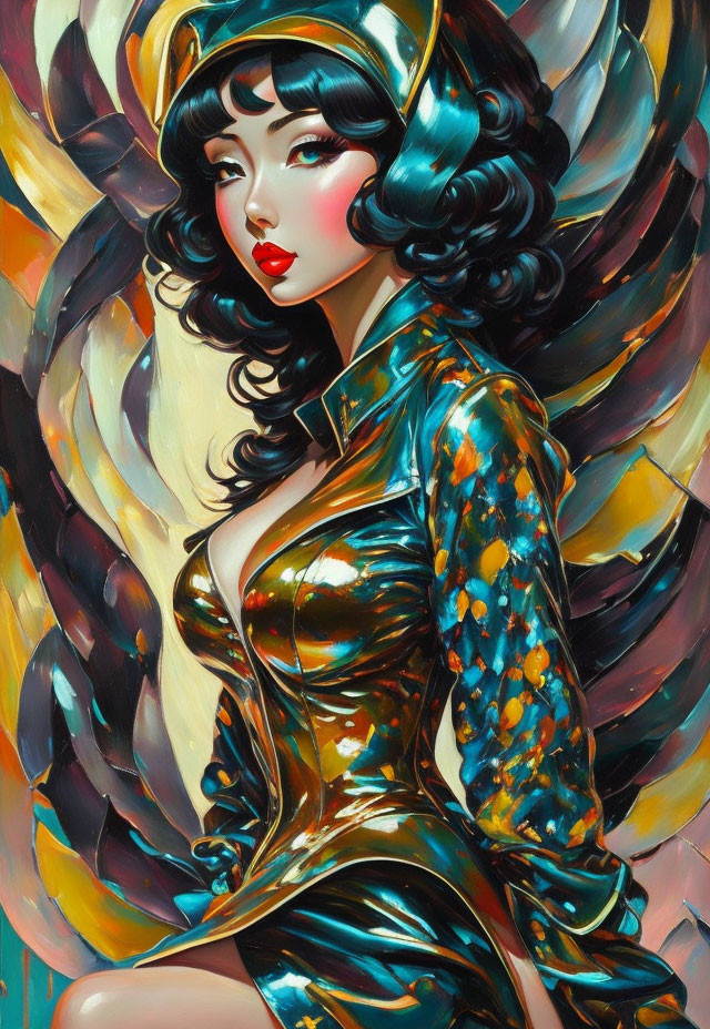 Colorful Abstract Portrait of Woman in Latex Clothing and Metallic Helmet