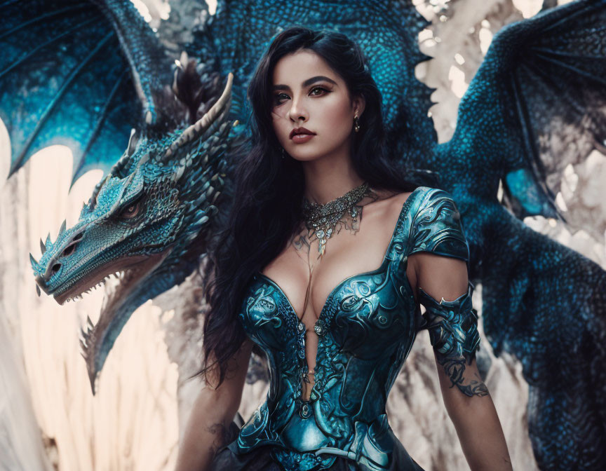 Woman in ornate blue armor with menacing dragon in mystical forest