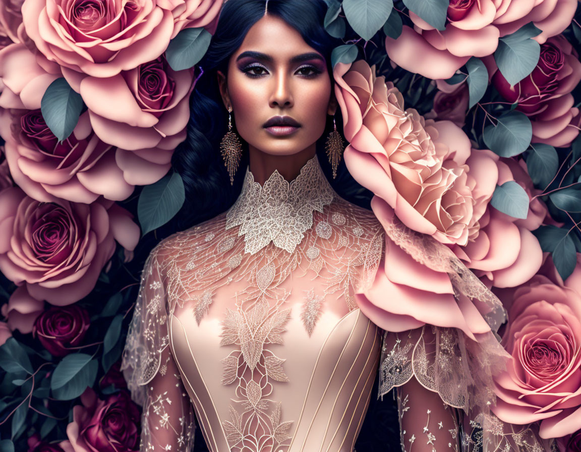 Dark-haired woman in floral gown with pink roses and striking makeup