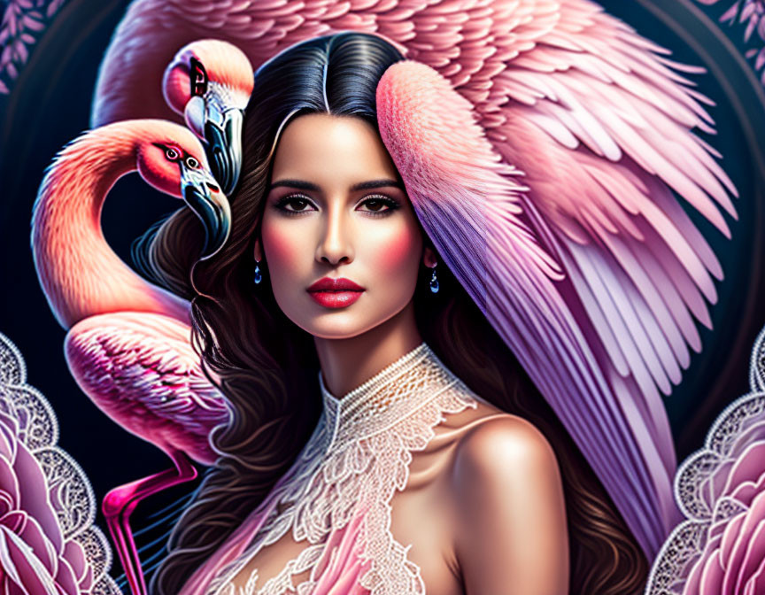 Vibrant digital artwork featuring a woman with pink flamingos