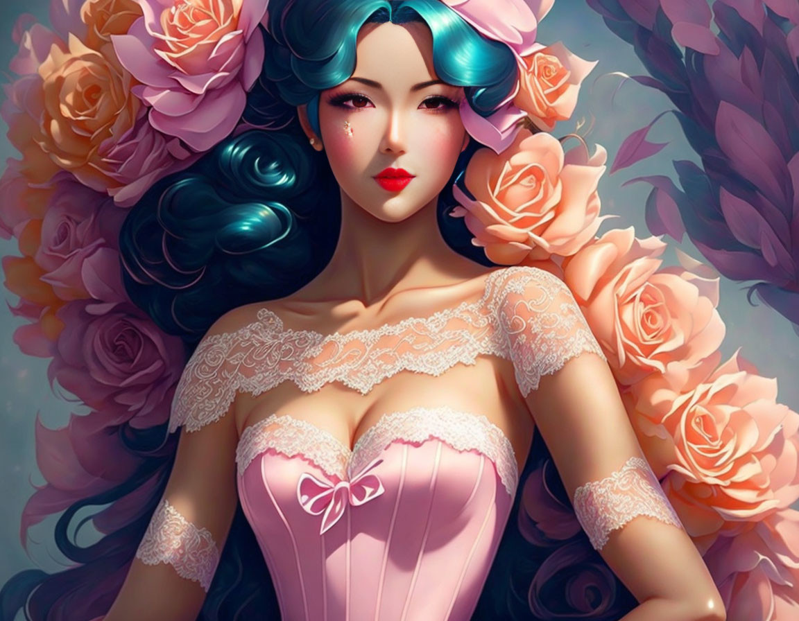 Digital artwork featuring woman with pale skin, dark hair, roses, pink corset dress, lace details
