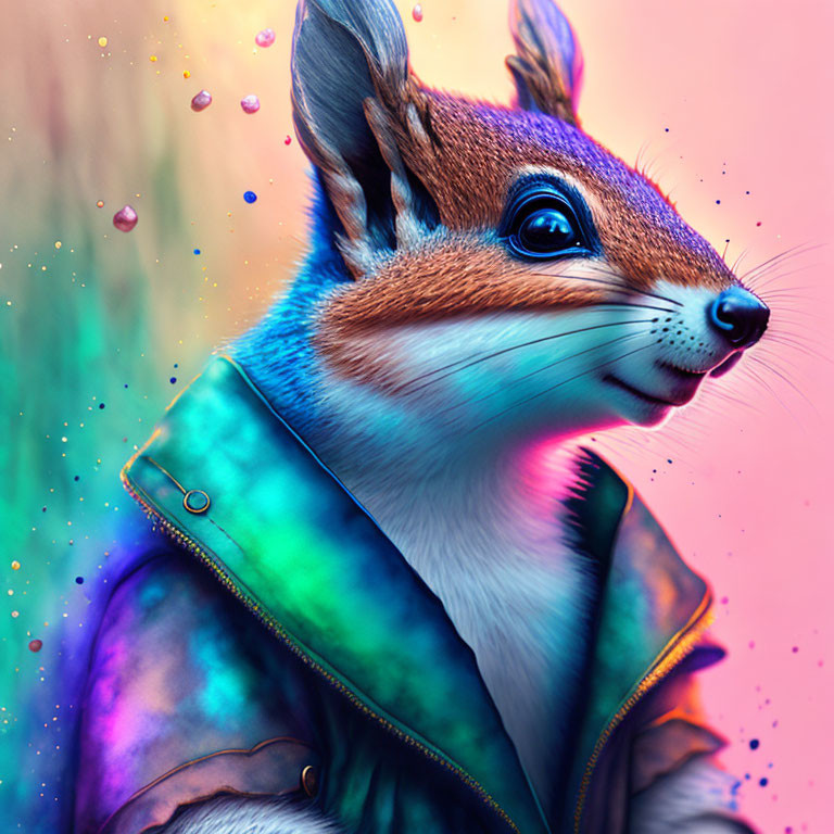 Colorful digital artwork: stylized squirrel in iridescent jacket on pink-blue backdrop with floating bubbles