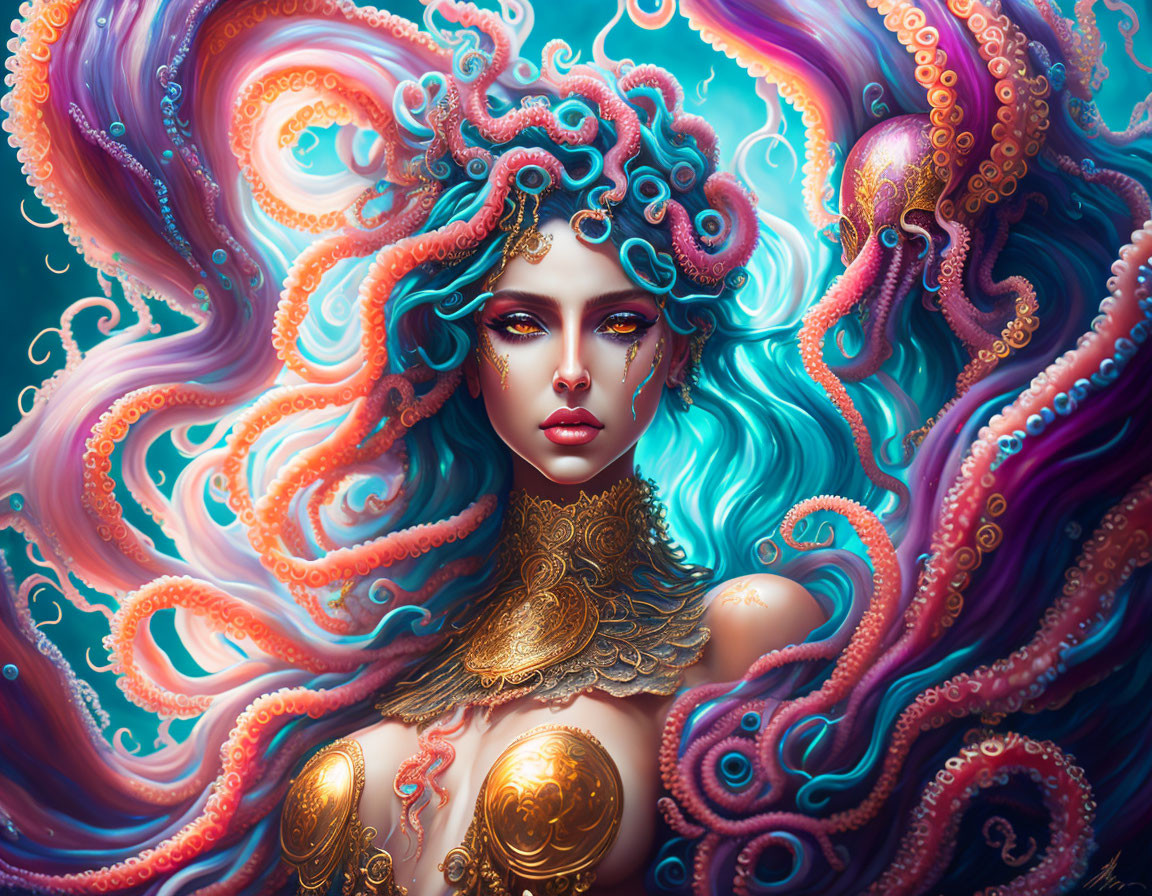 Colorful Woman with Octopus Features and Gold Jewelry Illustration