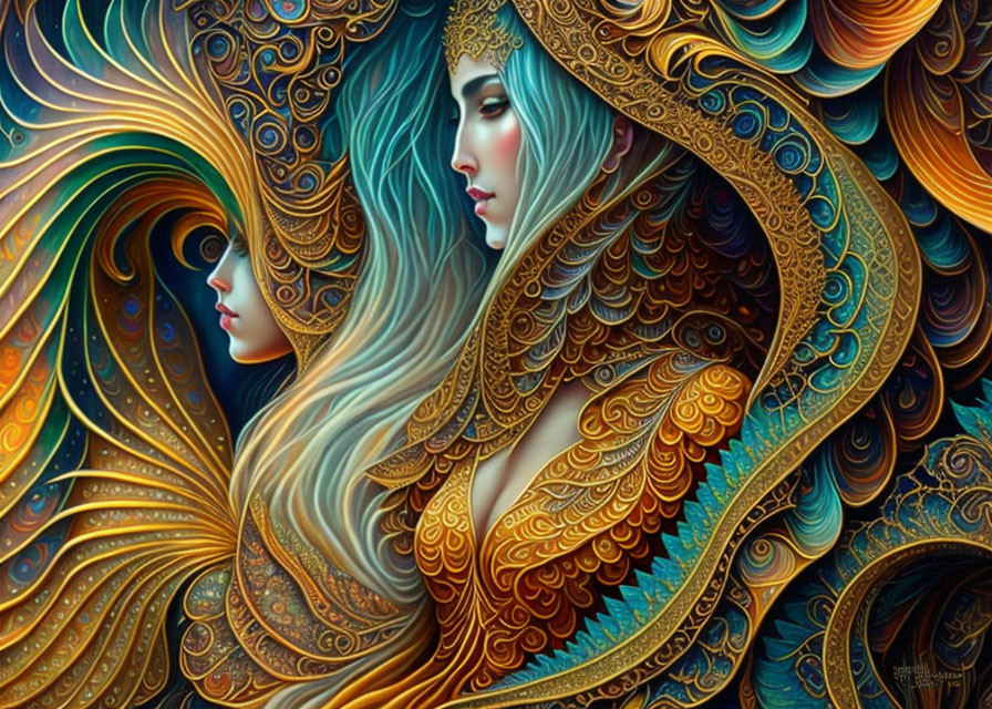 Vividly-colored digital artwork of woman with golden hair and intricate patterns