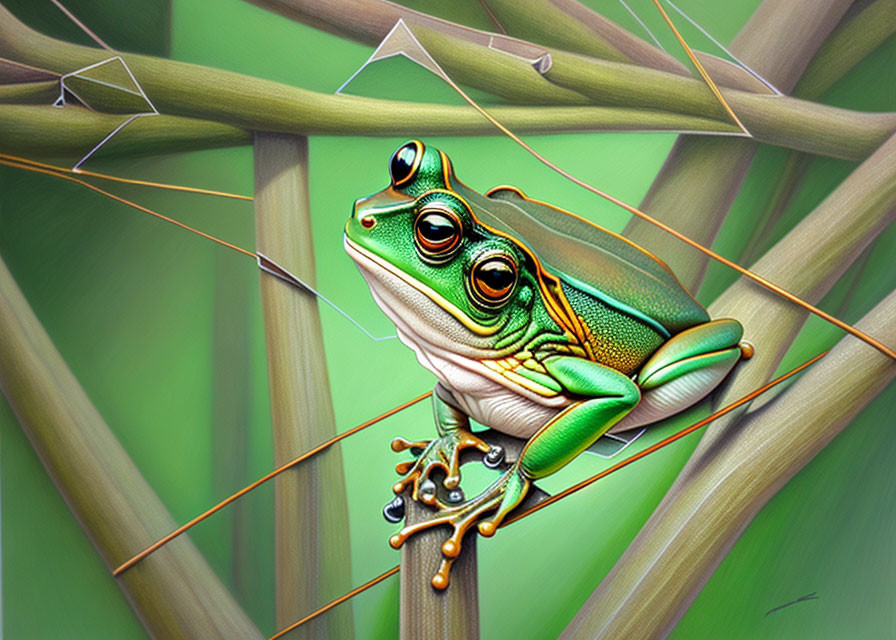 Colorful frog on stem with paper planes in background