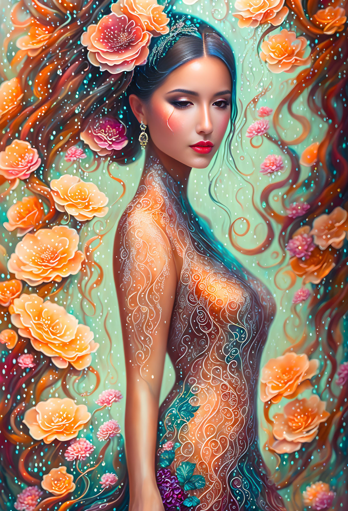 Vibrant orange flower patterns adorn woman in illustration