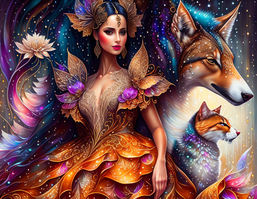 Fantastical woman with butterfly wings and majestic fox in cosmic setting