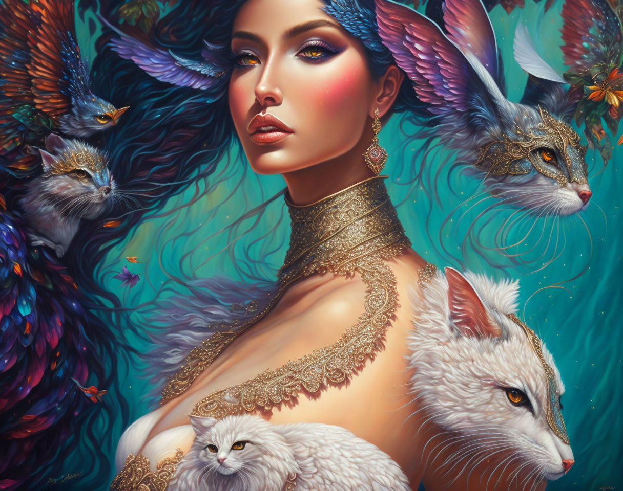 Digital painting of woman with mythical animals and vibrant, winged creatures.
