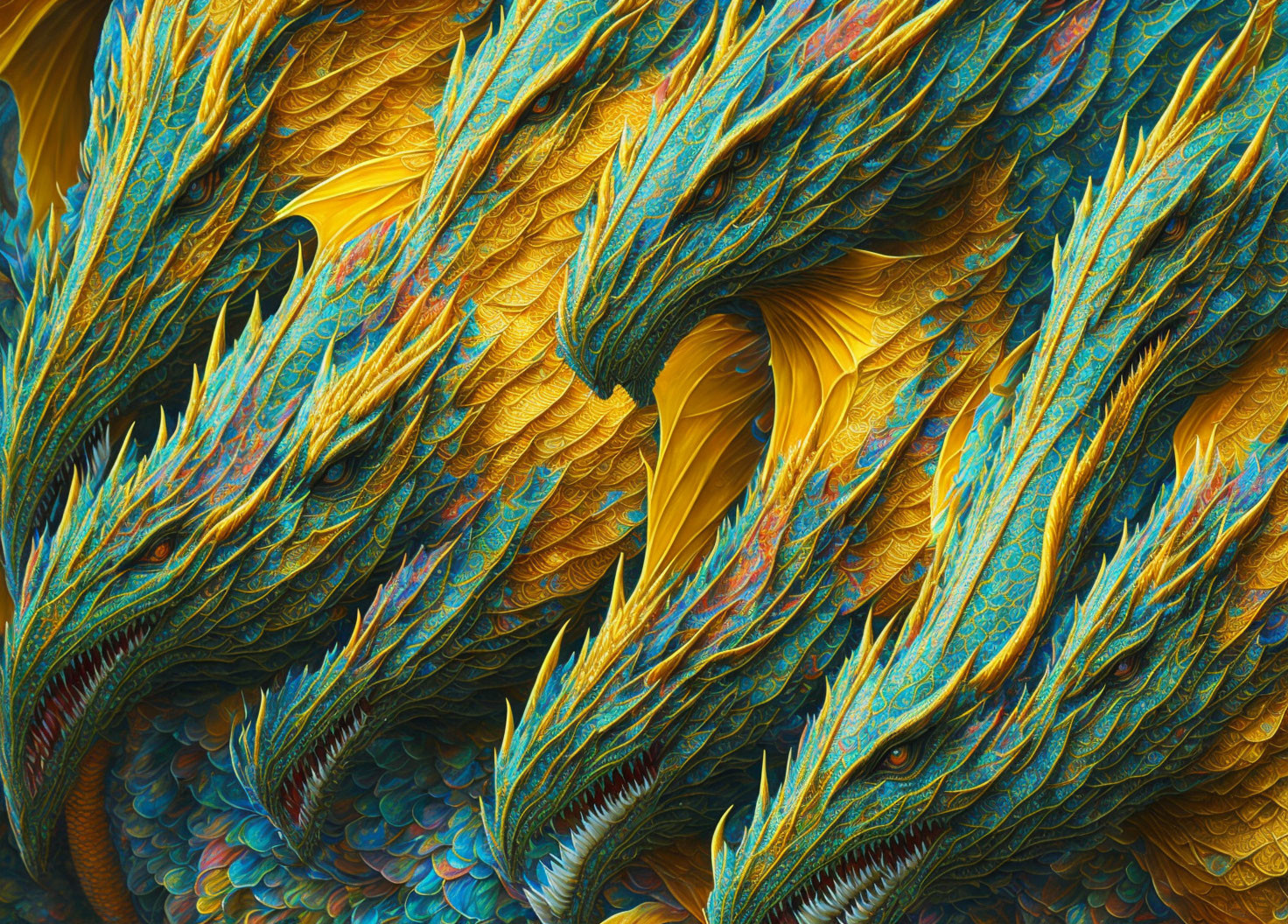 Detailed digital art: Blue & golden dragons intertwined in vibrant composition