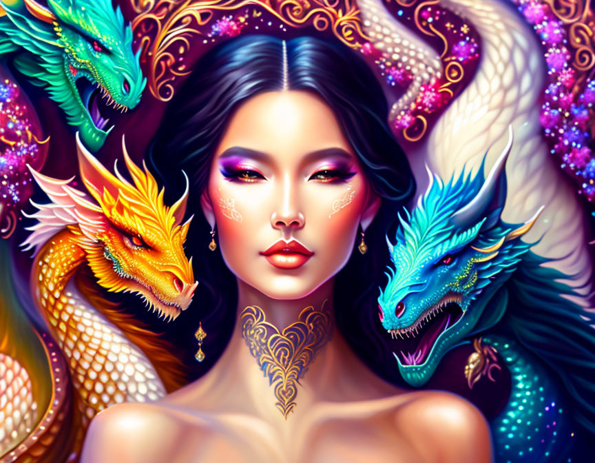 Digital artwork: Woman with bold makeup and three colorful dragons in green and orange