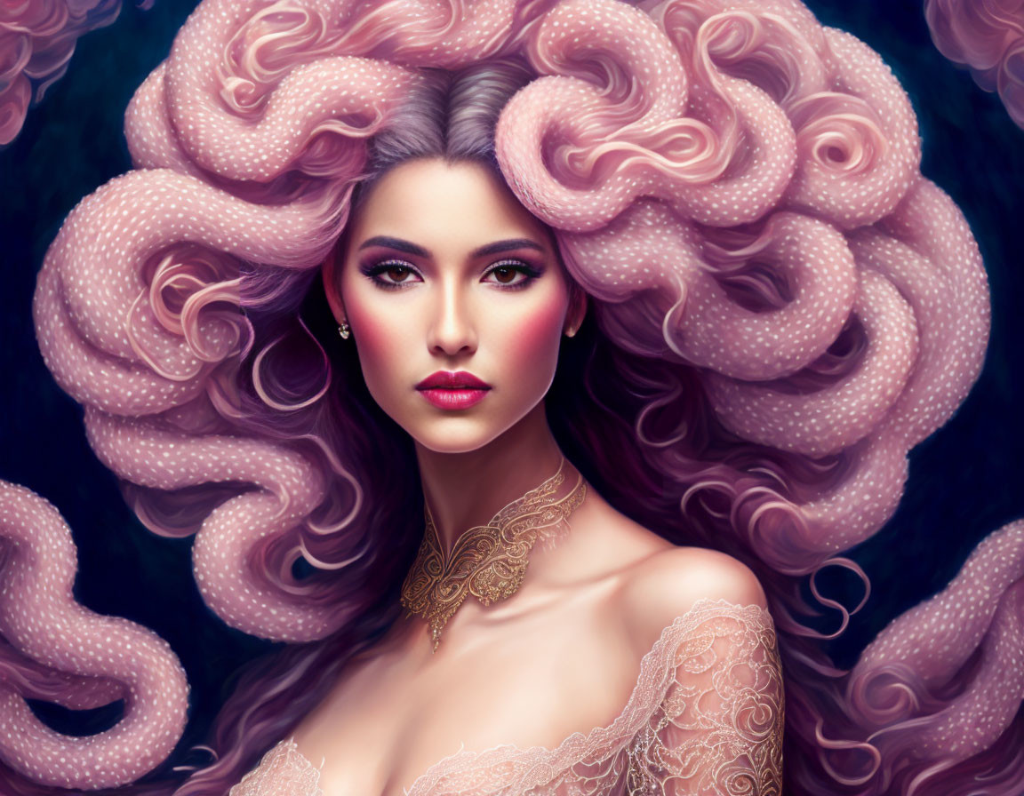 Illustrated portrait of woman with pink octopus tentacle hair and lace dress on dark background