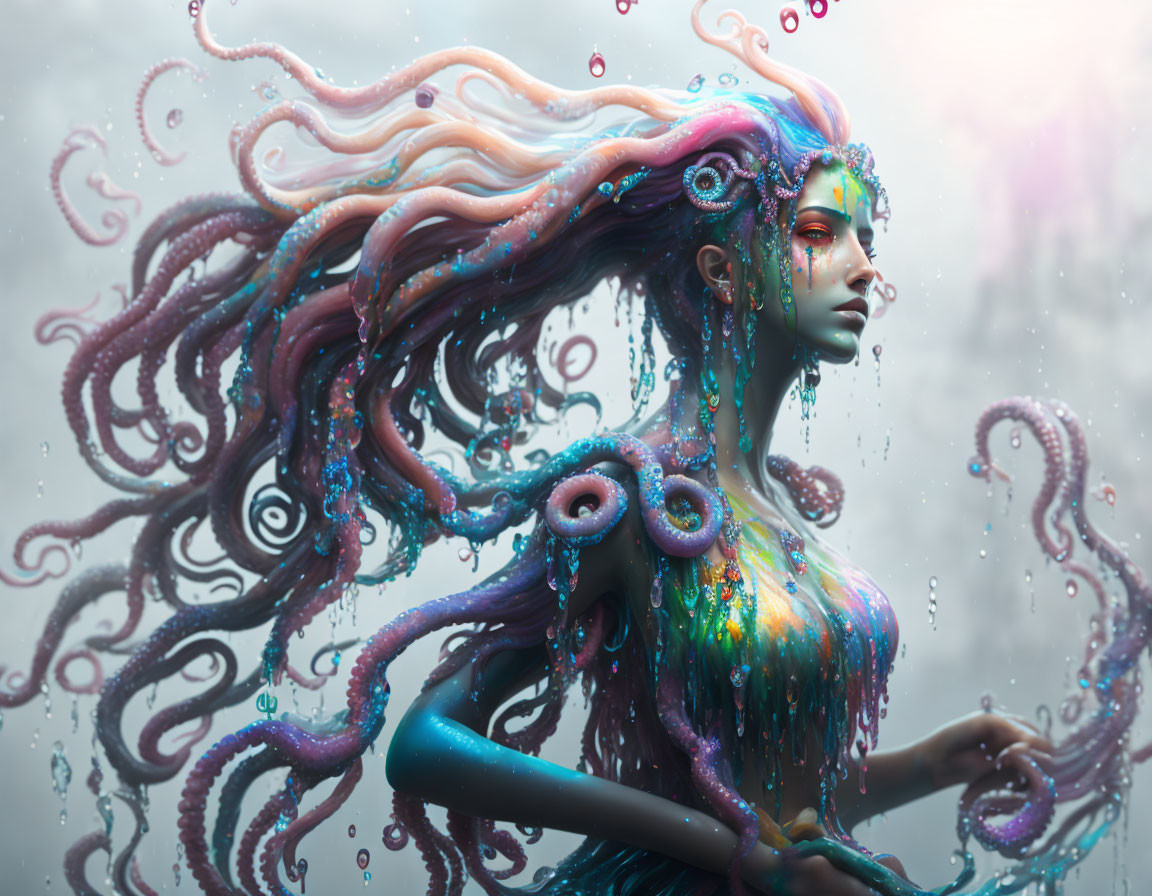 Colorful female figure with flowing sea life-inspired hair, shimmering scales, and intricate tentacle details