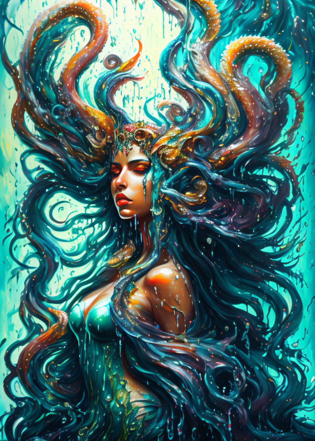 Surreal portrait of woman with tentacle hair in blue & turquoise palette