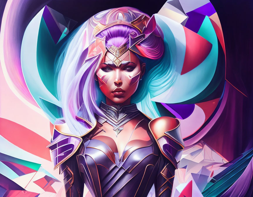 Colorful illustration of woman with blue and white hair in futuristic armor and winged helmet.