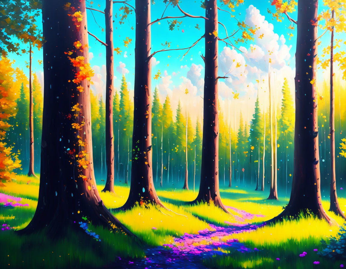 Colorful forest landscape with tall trees and purple flowers in sunlit ambiance