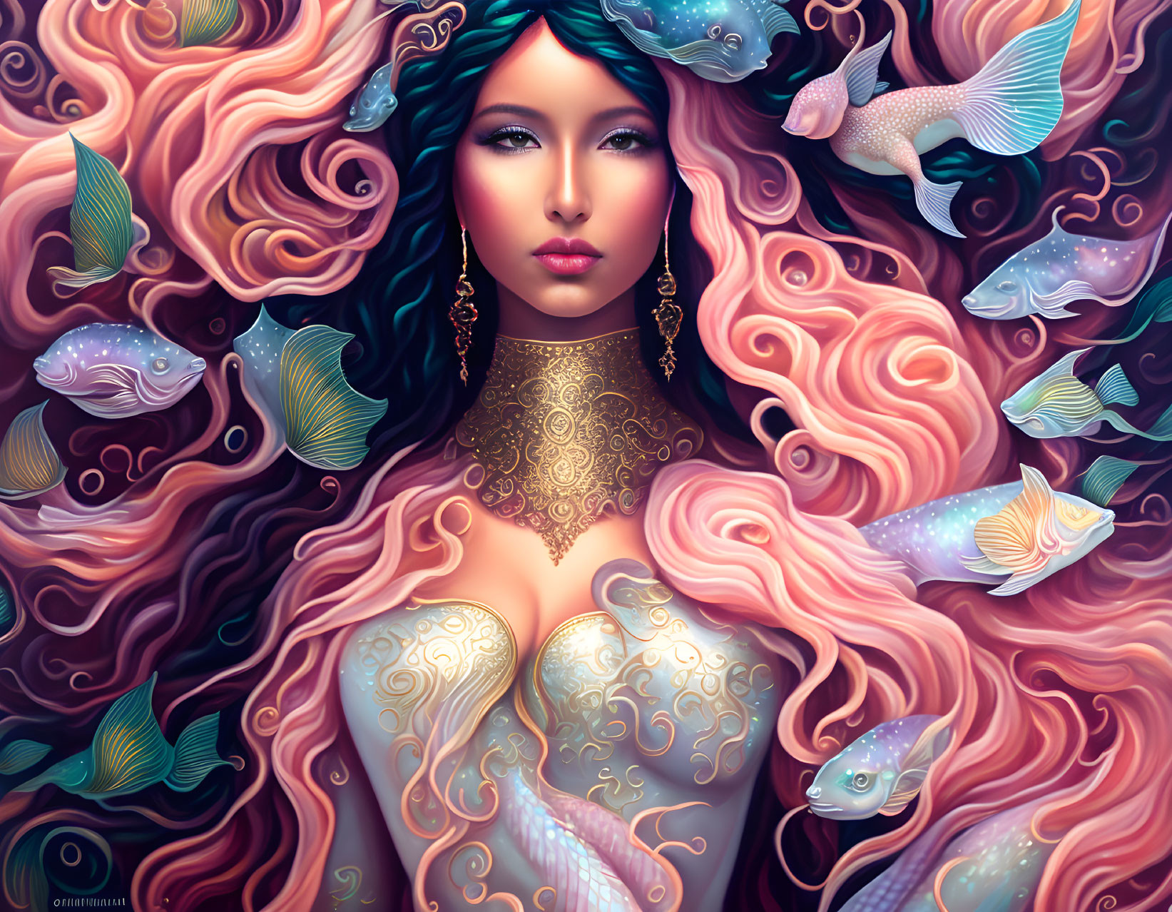 Fantasy oceanic theme: Woman with flowing hair and fish, adorned in intricate gold patterns