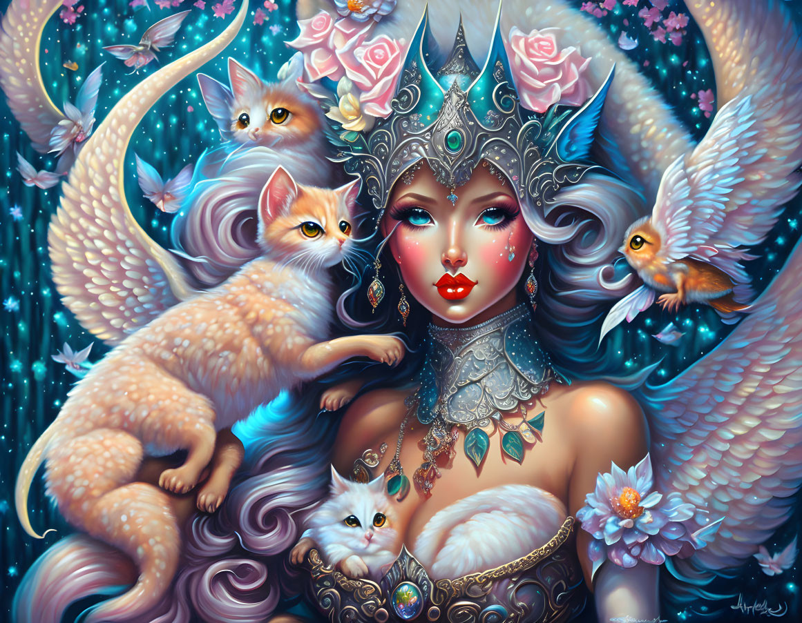 Fantasy illustration of a woman in regal attire with winged felines on starry backdrop