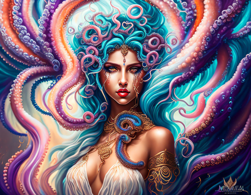 Illustration of a woman with octopus-like features and vibrant tentacles for hair.