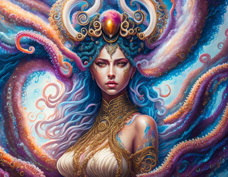 Fantastical portrait of woman with blue hair and tentacles, adorned in gold and jewels embodying