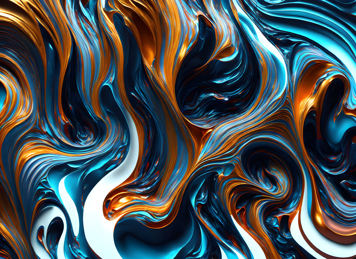 Abstract Swirls in Blue, Orange, and White Creating Marbled Texture