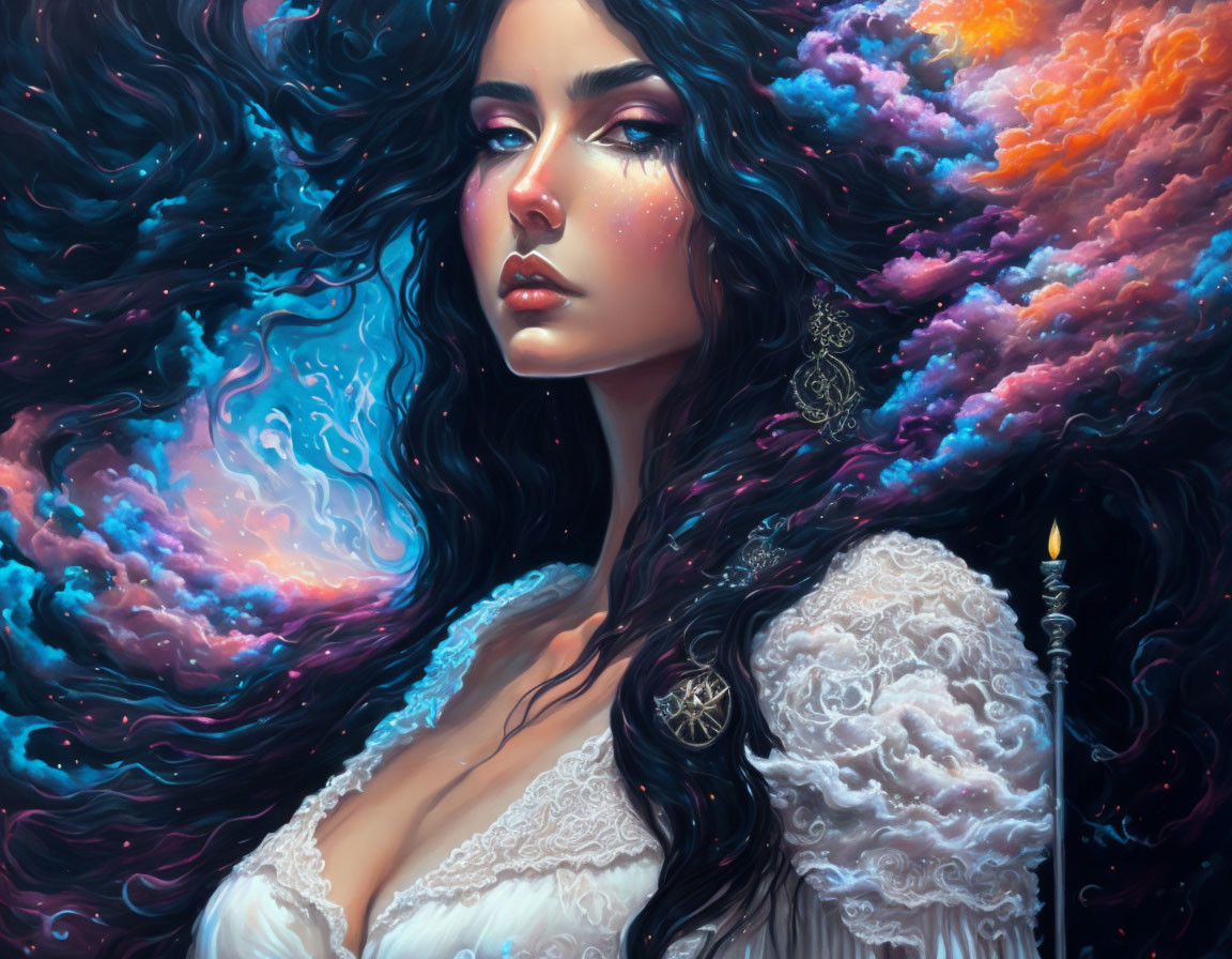 Fantasy illustration of woman with dark hair merging into cosmic nebula