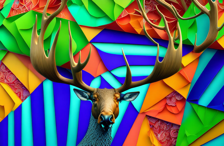 Vibrant Deer Artwork with Antlers on Colorful Background