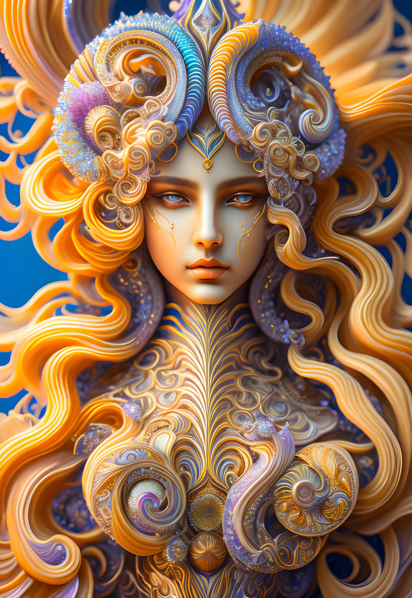 Surreal digital artwork: Intricate figure with golden hair on blue background