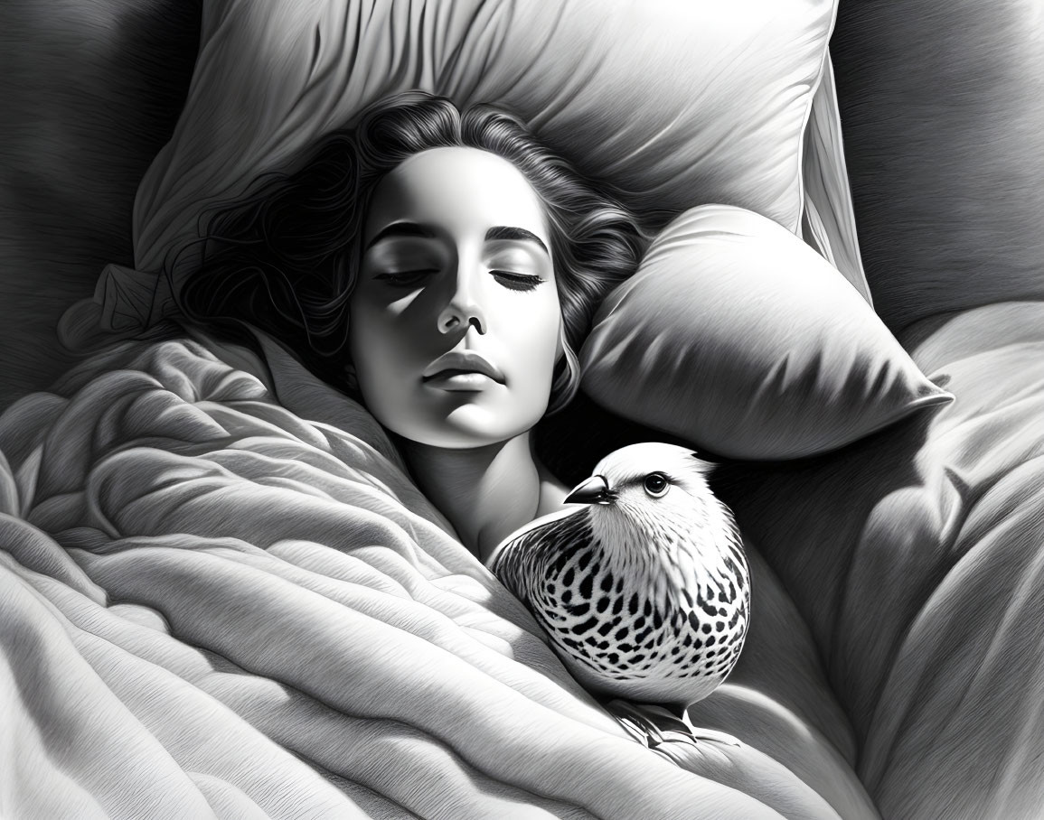 Monochrome image of woman sleeping with bird on bed