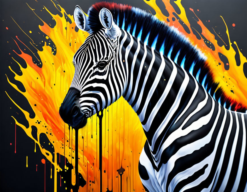 Colorful Zebra Painting with Dripping Paint Mane on Black Background