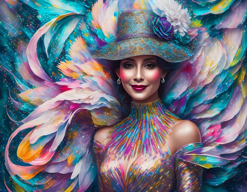 Colorful Abstract Art: Woman in Wide-Brimmed Hat with Feather-Like Patterns