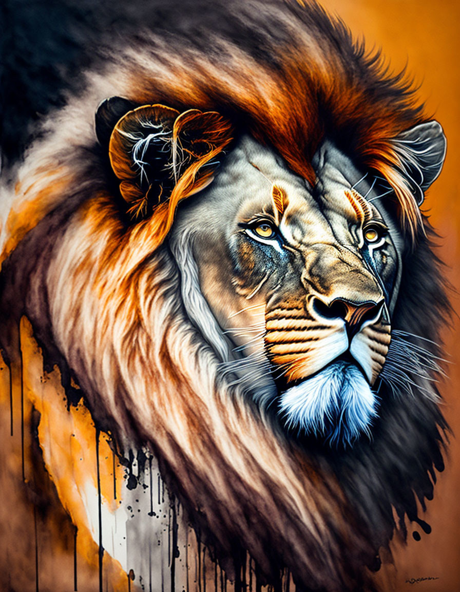 Colorful lion illustration with flowing mane on abstract background