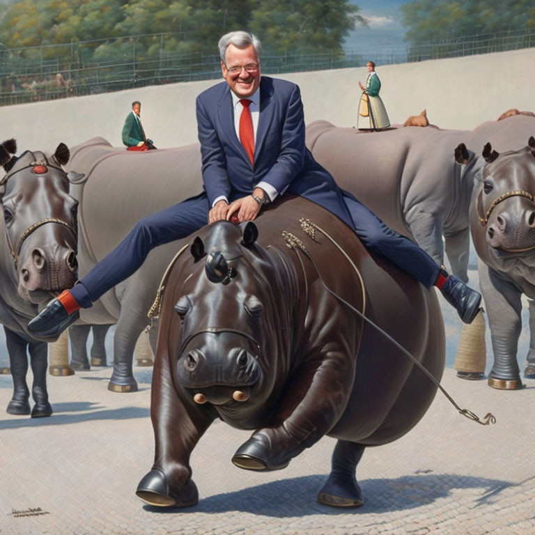 Man in suit rides giant hippopotamus, others on smaller hippos in city enclosure