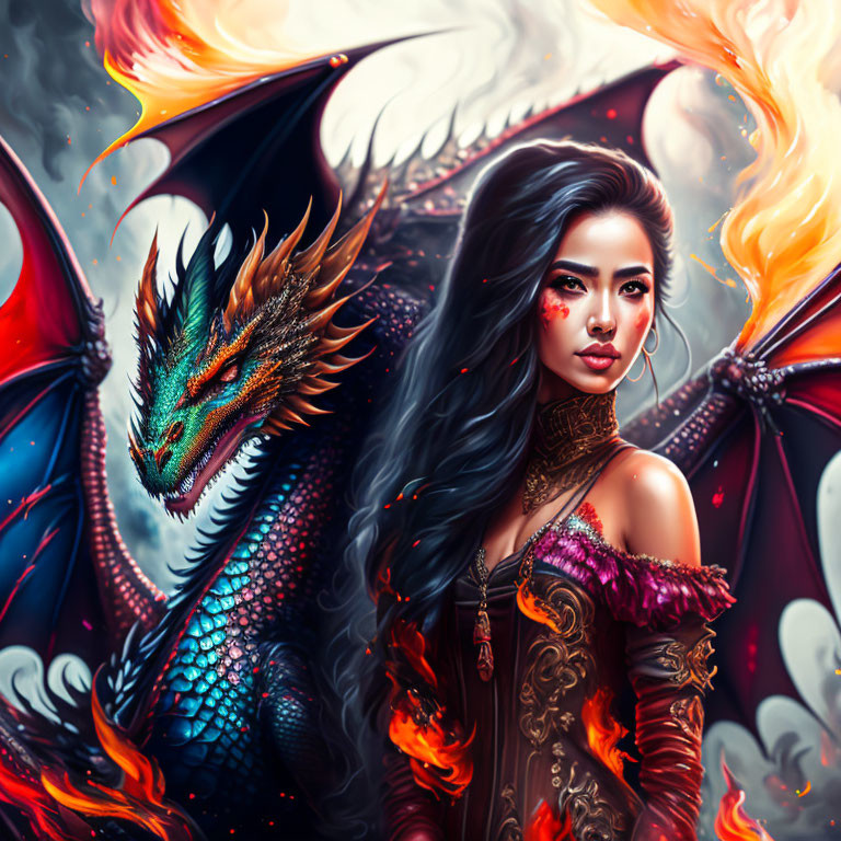 Elaborately adorned woman standing confidently next to a dragon with flaming wings