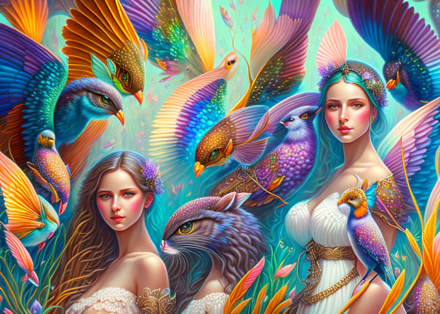 Ethereal women with fantastical birds in vibrant forest