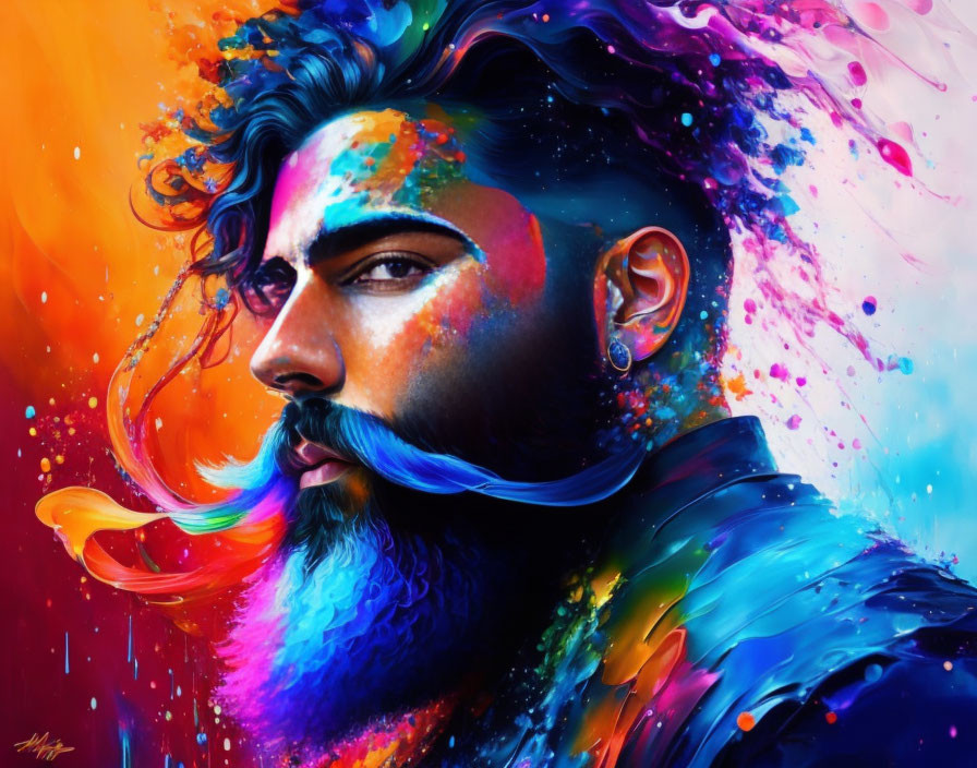 Colorful portrait of a bearded man with paint splashes on dark background