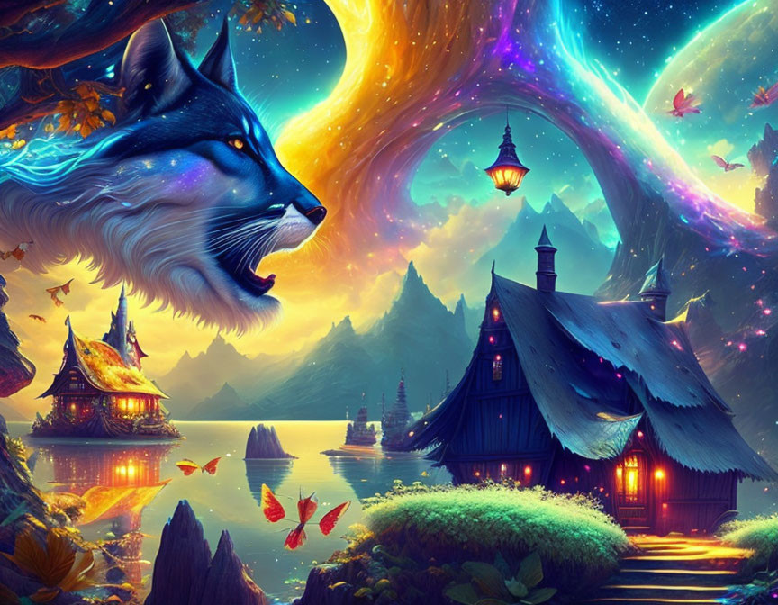 Fantasy landscape with celestial swirl, blue wolf, cottages, and colorful leaves