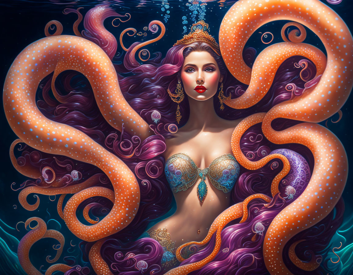 Mermaid with Purple Hair and Crown Surrounded by Orange Octopus Tentacles