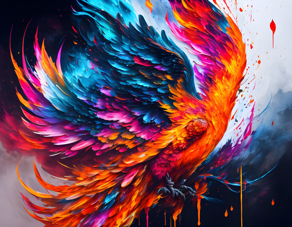 Colorful Abstract Phoenix Painting with Fiery Plumage on Dynamic Background