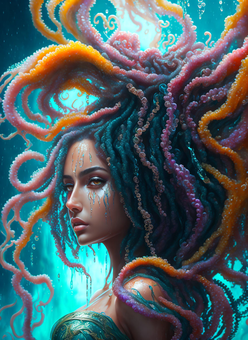 Colorful Octopus Tentacles Hair on Woman in Underwater Scene