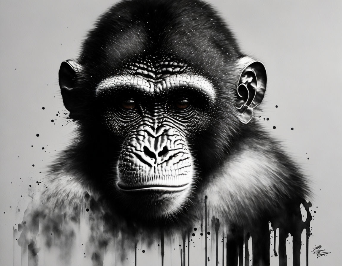 Detailed Greyscale Monkey Face Art with Dripping Paint Effects