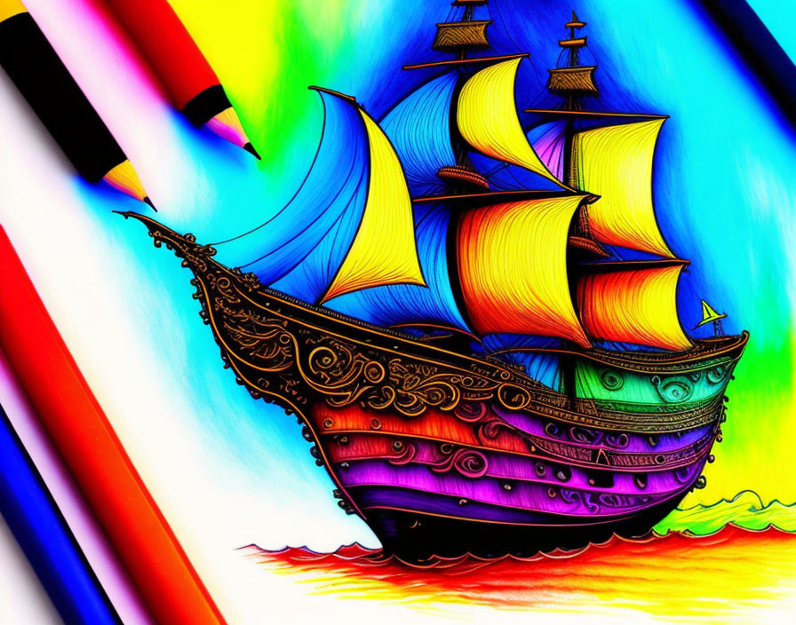 Colorful drawing of ornate sailing ship on blue sea with multicolored pencils