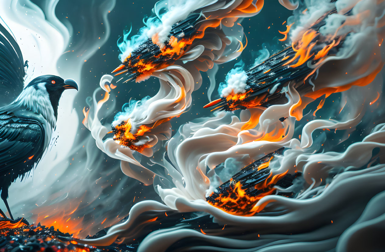 Crow in fiery swirls with falling debris on blue backdrop