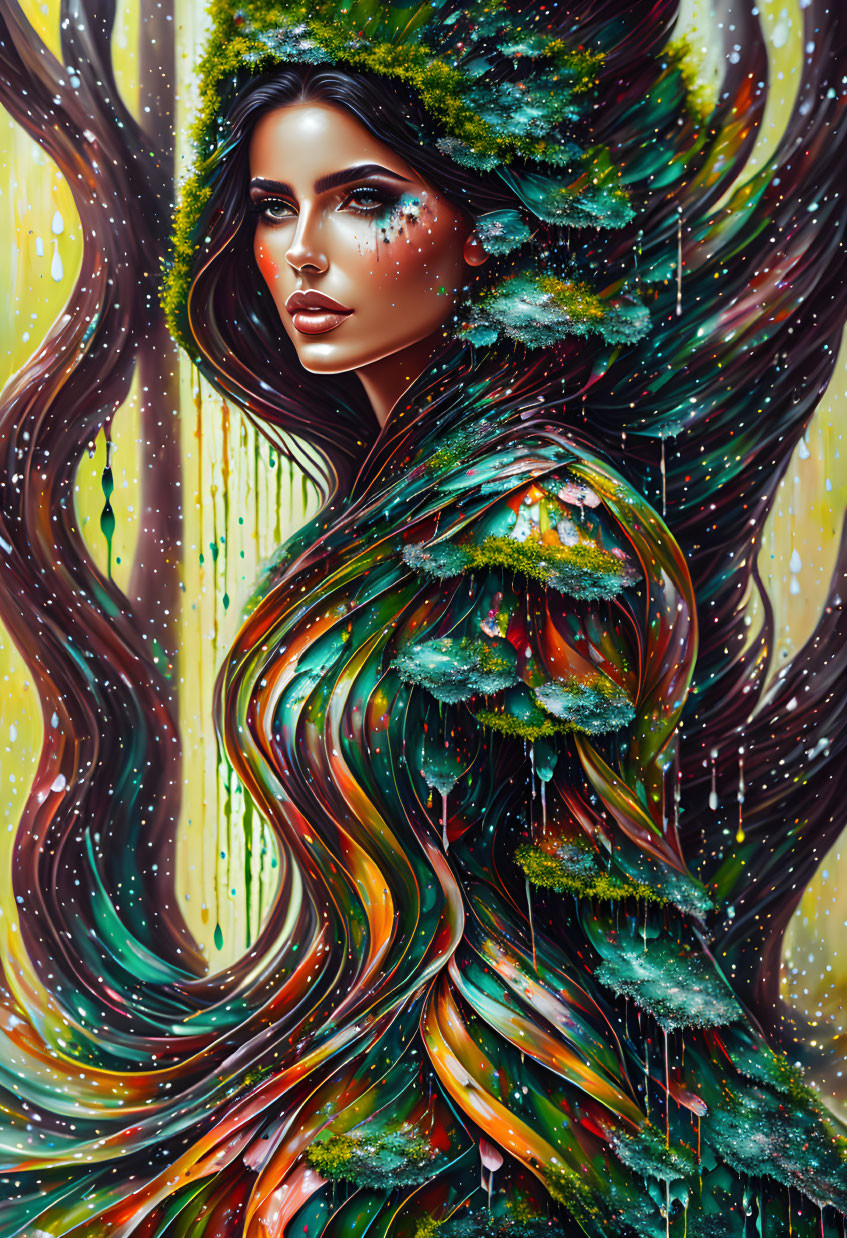 Portrait of woman with flowing hair and green foliage intertwining