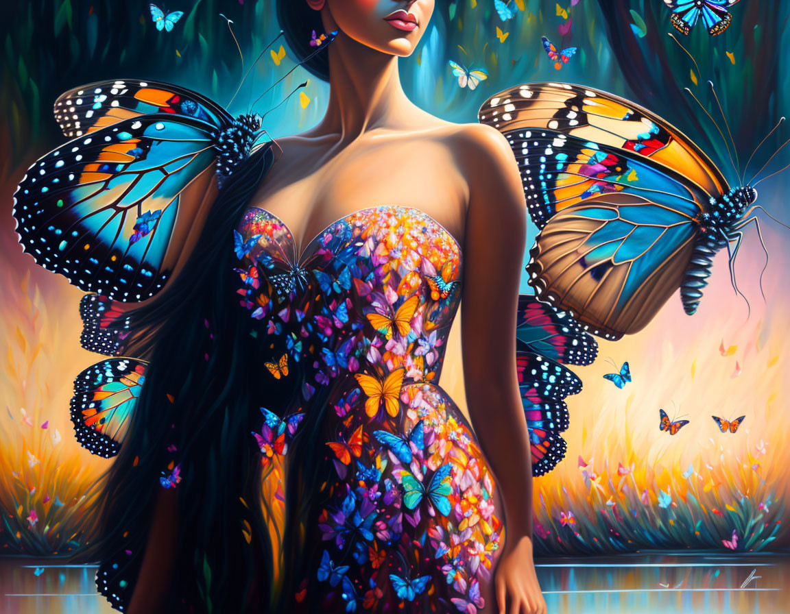 Woman in vibrant butterfly dress with wings in colorful setting