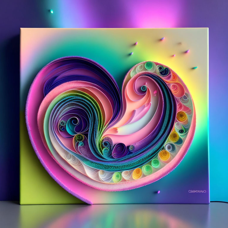 Colorful Heart-shaped Quilling Art with Paper Swirls on Illuminated Background