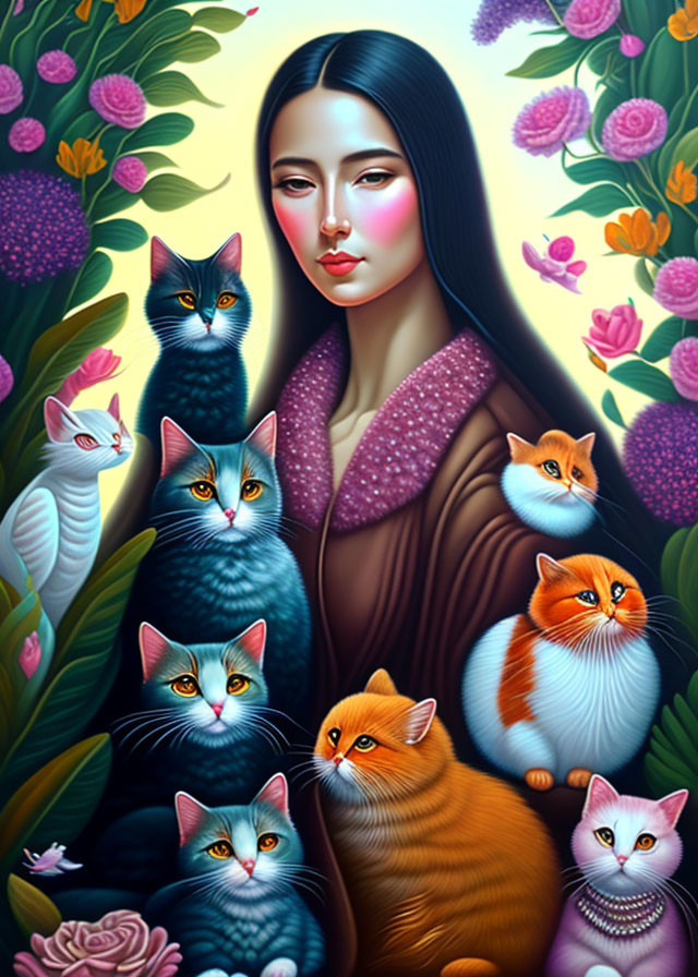 Woman with Colorful Cats in Floral Setting