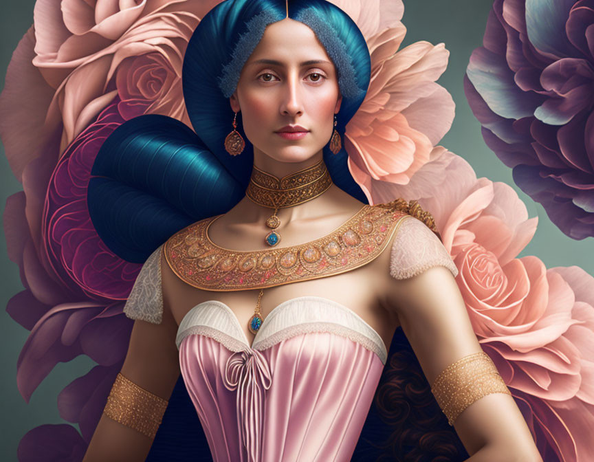 Digital artwork: Woman with blue hair and gold choker among oversized stylized flowers