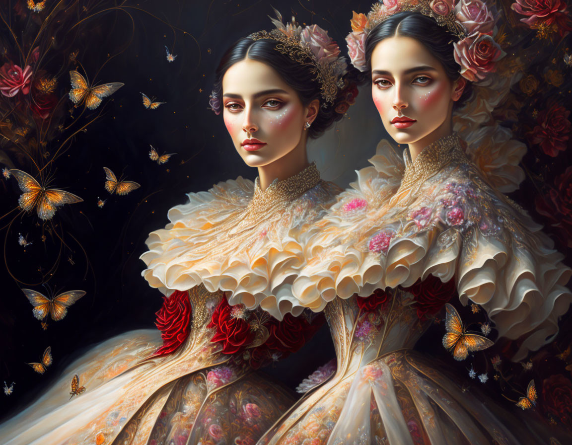 Two women in floral and butterfly motifs, ruffled gowns, dark backdrop